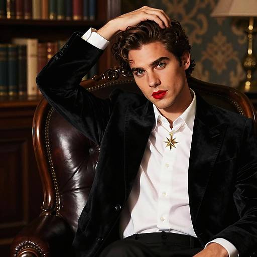 Photograph of a handsome man with dark hair, red lipstick, wearing a black velvet suit over a white shirt, seated in a leather chair, hand