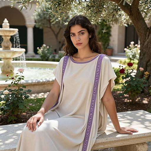 Photograph of a young woman with long dark hair, wearing a white Greek-style dress with purple trim, sitting on a stone bench in a sunlit