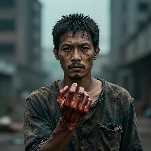 Grim Asian Man Holding Bloody Severed Hand