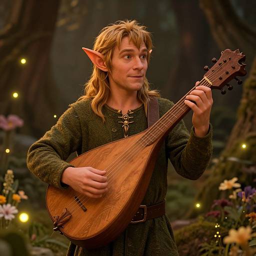 Photograph of a blonde, elf-like man with pointed ears, wearing a green tunic, playing a wooden lute in a magical forest with glowing