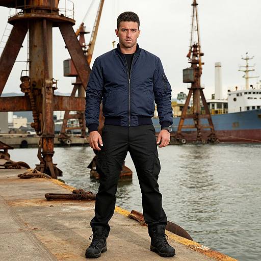 Photograph of a muscular, bearded man in a navy jacket and black pants standing confidently on a rusty dock, with industrial cranes and a large