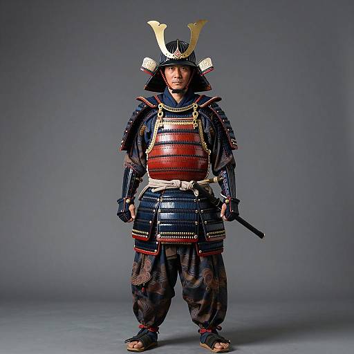 Samurai in Full Armor Against Gray Background