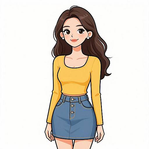 Digital anime-style drawing of a smiling woman with long brown hair, wearing a yellow long-sleeve top and blue high-waisted skirt.