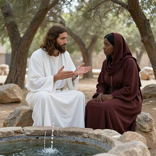 Photograph of Jesus in a white robe and a Muslim woman in a maroon hijab, seated by a stone water basin, discussing with trees in