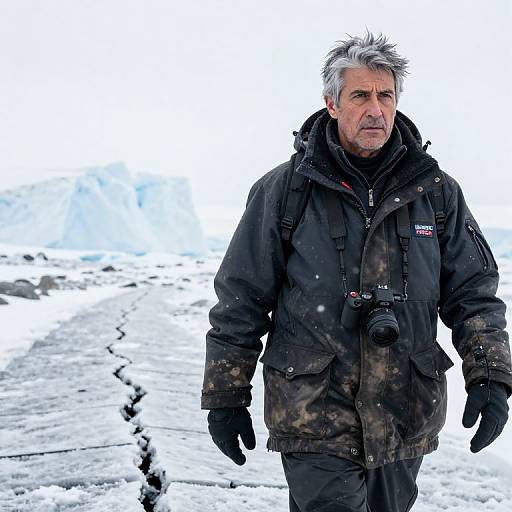 Photograph of a middle-aged man with gray hair, wearing a black winter jacket, gloves, and camera, walking on a snow-covered path. Over