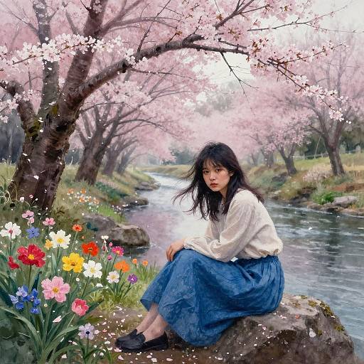 Impressionistic Cherry Blossom Forest Scene