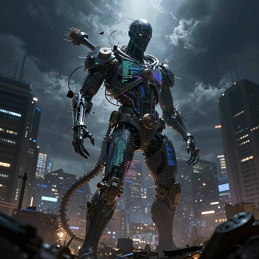 Digital artwork of a glowing, cybernetic humanoid robot with exposed wires and glowing blue lights, standing in a dark, futuristic cityscape under a cloudy