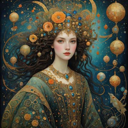 Digital artwork of an ethereal woman with fair skin, blue eyes, and dark hair, adorned with a golden, turquoise, and blue ornate he