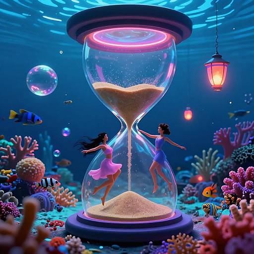 Digital artwork of two women in pink and blue dresses, suspended inside an illuminated hourglass on a vibrant underwater coral reef.
