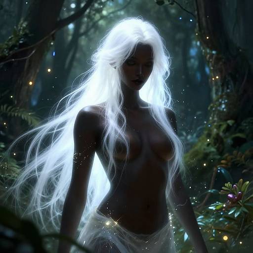 Digital artwork of a glowing, topless, ethereal woman with long white hair in a dark, enchanted forest, surrounded by twinkling lights.