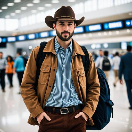 Man Wearing Cowboy Hat and Brown Jacket at Airport