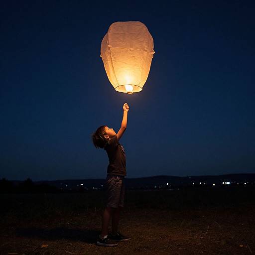 Photograph of a child at night, holding a glowing paper lantern high, against a dark blue sky and distant lights.