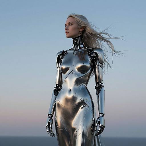 Photorealistic CGI of a blonde woman in a shiny, metallic silver bodysuit, standing against a clear blue sky at sunset.