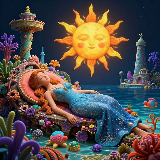 Digital fantasy artwork: Sleeping red-haired woman in blue ornate dress on colorful flower throne, under glowing sun, beside whimsical towers, surrounded by vibrant