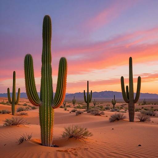 Photograph of a vibrant desert sunset with tall, green cacti, orange sand dunes, and a colorful sky blending pink, purple, and