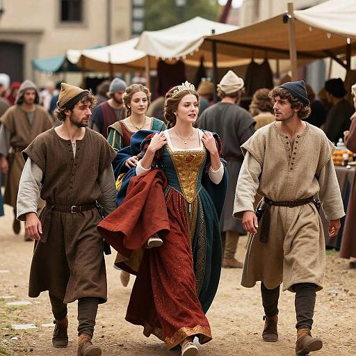 Photograph of a medieval fair: three costumed characters, a woman in ornate blue and gold dress, flanked by two men in brown and