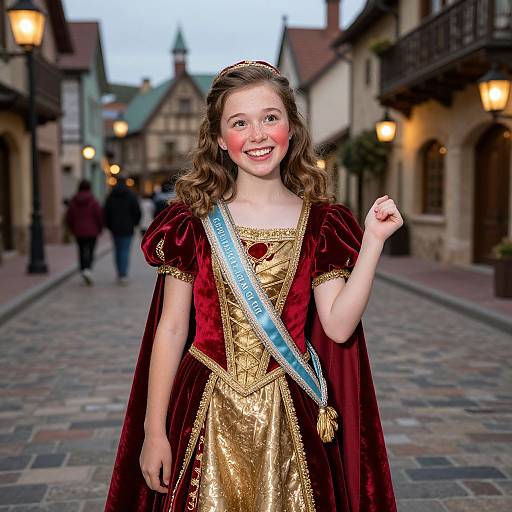 Photograph of a smiling young woman with fair skin and wavy brown hair, wearing a red velvet and gold medieval-style dress, blue sash,