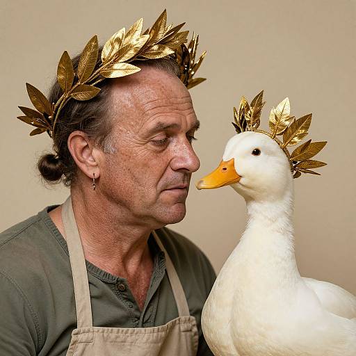 Photograph of an older man with a gold laurel wreath on his head, wearing a green shirt and beige apron, gazing at a