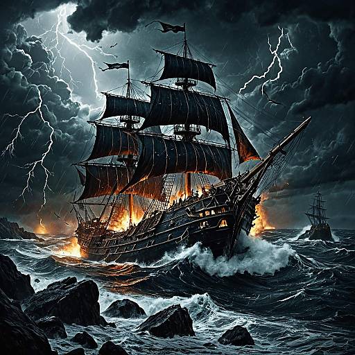 Burning Phantom Ship in Stormy Sea