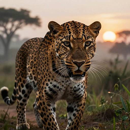 Photograph of a fierce leopard with golden fur and black spots, standing alert at sunset in a misty savanna, with trees blurred in the background