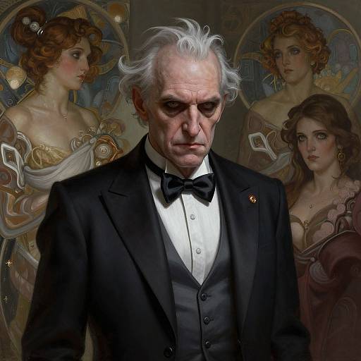 Digital art: Elderly white man in black tuxedo with white hair, stern expression, surrounded by three classical-style, fair-skinned women with