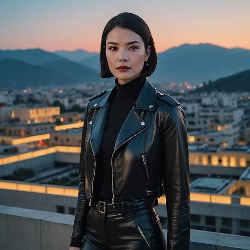 Stylish woman in black leather jacket on rooftop at twilight