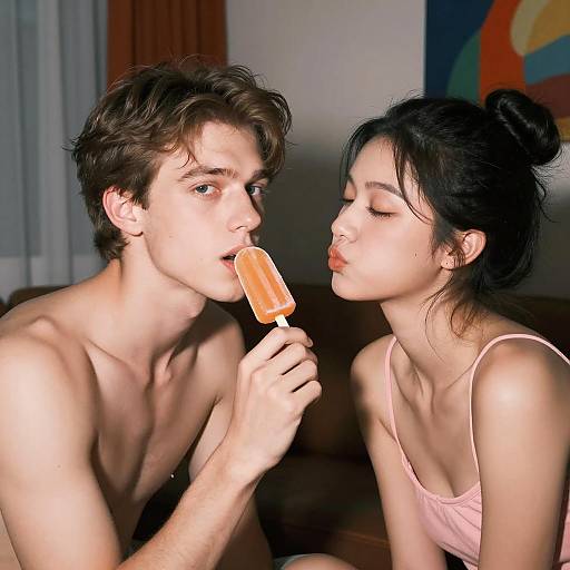 Playful Moment with Popsicle in Dim Light