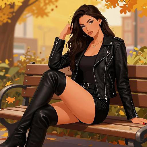 Digital drawing of a confident woman with long black hair, wearing a black leather jacket, mini skirt, and knee-high boots, sitting on a wooden bench