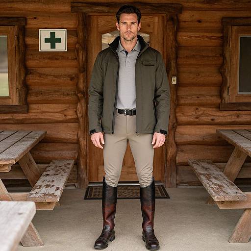 Photograph of a middle-aged man with short dark hair, light beard, wearing a dark green jacket, gray shirt, beige pants, and black boots