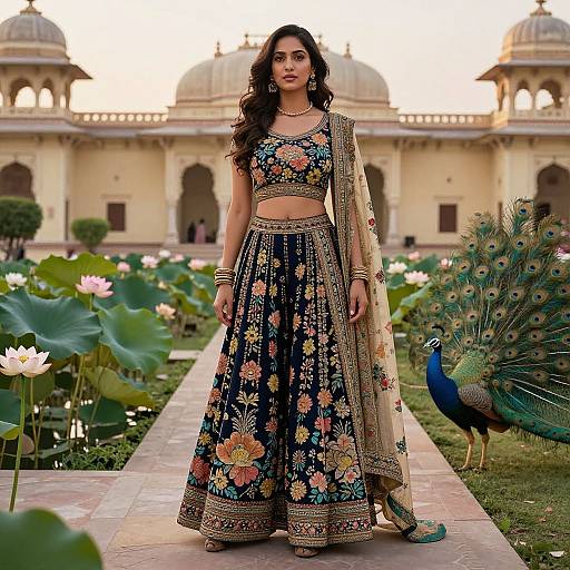 Woman in Floral Churidar at Palace Garden