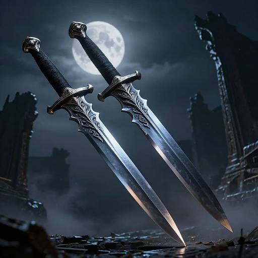 Digital artwork of two ornate, glowing swords with black handles, standing upright against a dark, moonlit, ruined cityscape background.