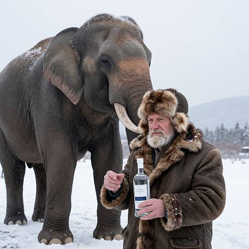 Photograph of a bearded man in a fur-trimmed coat holding a bottle beside a large elephant in a snowy landscape.