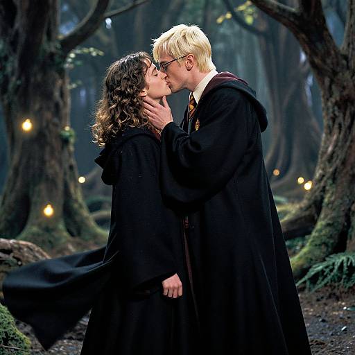 Photograph of a blonde-haired boy with glasses kissing a curly-haired girl in black Hogwarts robes in a dimly-lit enchanted forest with glowing lights.