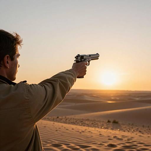 Photograph of a man in a brown jacket aiming a handgun at a desert sunset, with golden sand dunes and clear sky.
