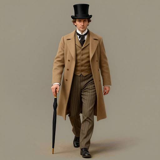 Photograph of a man in Victorian attire: tan overcoat, brown striped suit, white shirt, black tie, top hat, holding a black umbrella