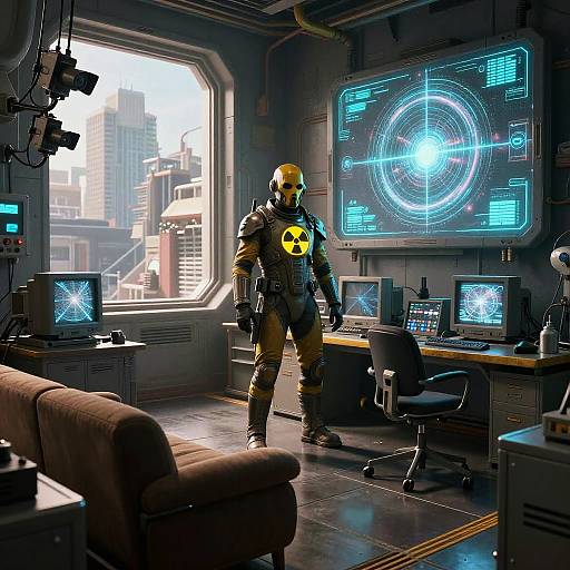 CGI sci-fi image: A futuristic soldier in yellow helmet and black armor with yellow radiation symbol, stands in a high-tech, dimly-lit