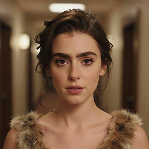 Photograph of a young woman with fair skin and brown hair, wearing a fur-trimmed top, staring intently at the camera in a dim