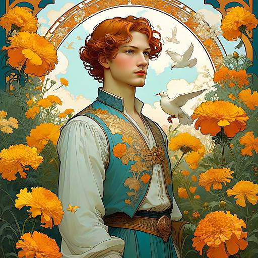 Art Nouveau Man in Marigold Garden