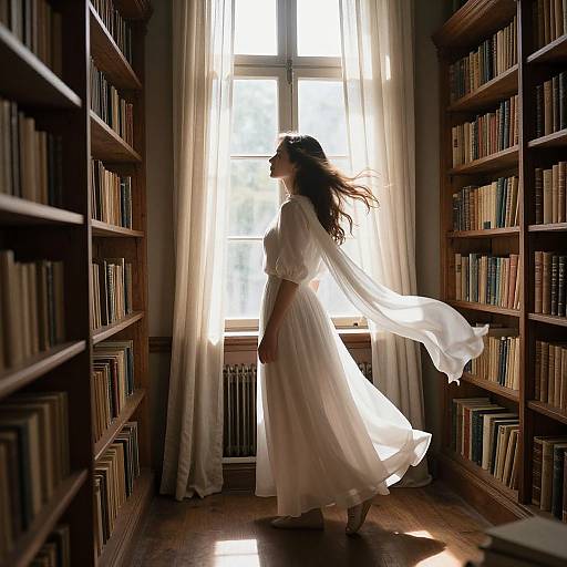 Photograph of a woman in a flowing white dress standing in a sunlit library aisle, surrounded by wooden bookshelves, with sunlight streaming through a