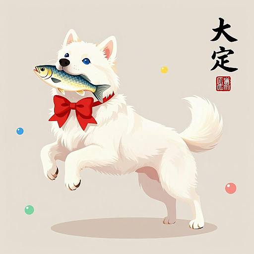 Leaping Dog with Fish and Orbs