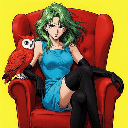 Digital anime-style illustration of a green-haired woman in a blue dress, black gloves, and thigh-high boots, sitting on a red armchair with a