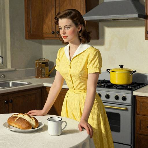 1930s-style digital artwork of a fair-skinned woman in a yellow dress, standing in a wooden kitchen, with a loaf of bread and mug