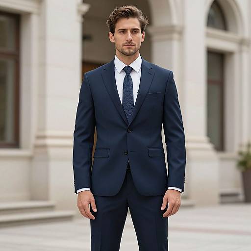 Photograph of a handsome, young Caucasian man with short brown hair, light stubble, wearing a dark blue suit, white shirt, and black tie
