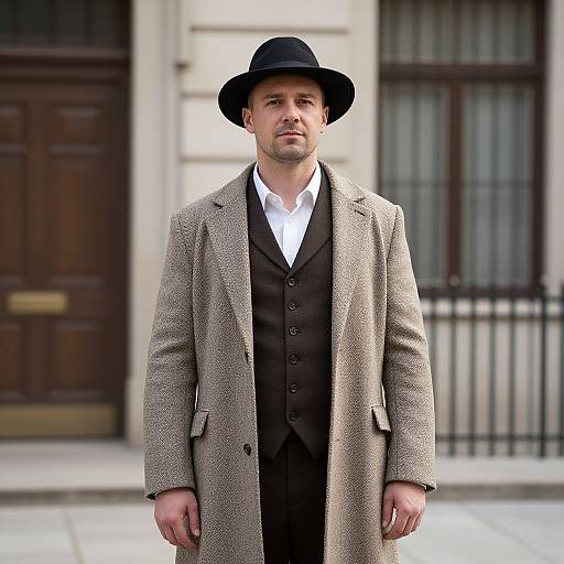 Photograph of a Caucasian man with fair skin, wearing a black hat, beige overcoat, black vest, and white shirt, standing in front of