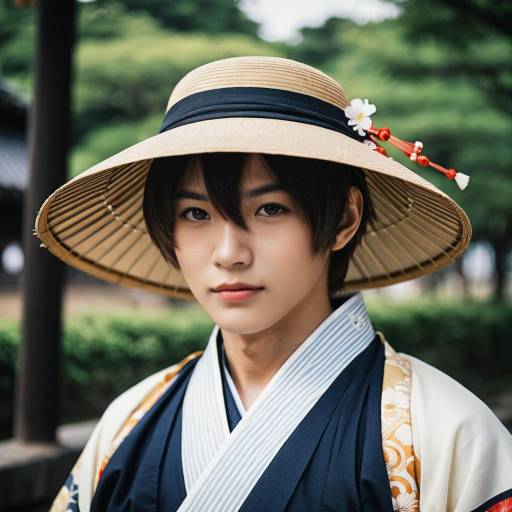Young Person in Traditional Japanese Attire and Straw Hat