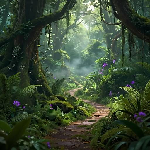 Photorealistic digital painting of a lush, misty forest path, flanked by vibrant green ferns, purple flowers, and towering trees. Sun