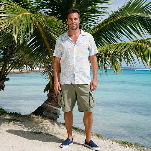 Photograph of a smiling, bearded man in a white short-sleeve shirt, khaki shorts, and navy sneakers, standing by a palm