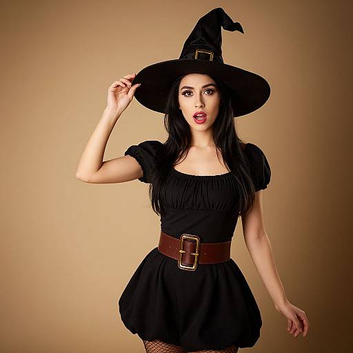 Photograph of a fair-skinned woman with long black hair, wearing a black witch hat, black dress with puffed sleeves, brown belt, and