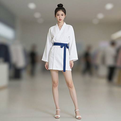 Photograph of an Asian woman with fair skin, black hair in a bun, wearing a white kimono-style dress with a blue belt, and white
