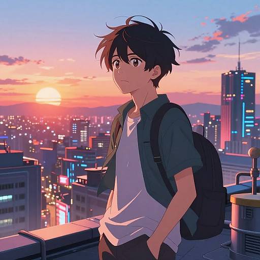 Anime-style digital illustration of a young man with black hair, wearing a black shirt and white t-shirt, standing on a rooftop at sunset, cityscape